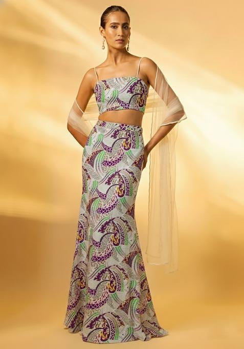 Multicolor Abstract Print Crepe Fusion Set