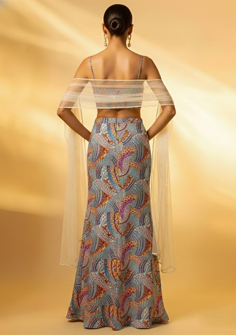 Multicolor Abstract Print Crepe Fusion Set - Indya