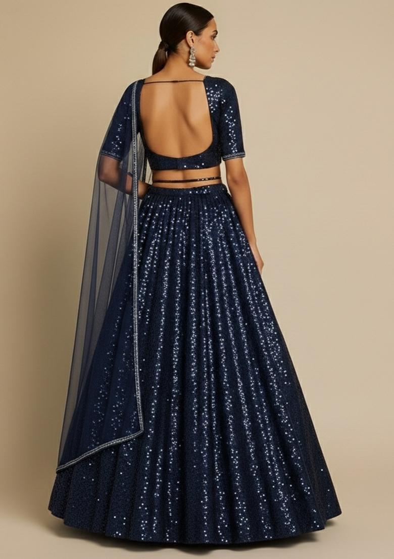 Blue Sequin Net Lehenga Set - Indya