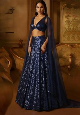 Dark Blue Sequin Net Lehenga Set