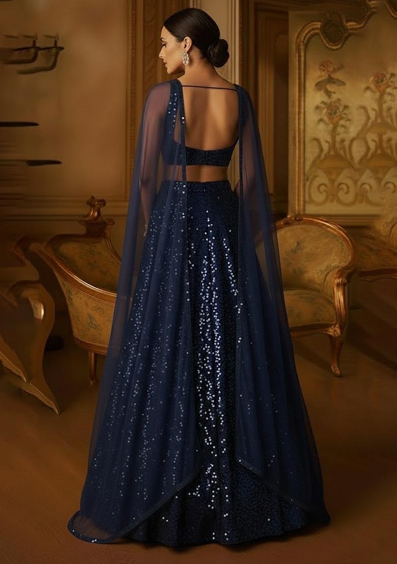 Dark Blue Sequin Net Lehenga Set - Indya