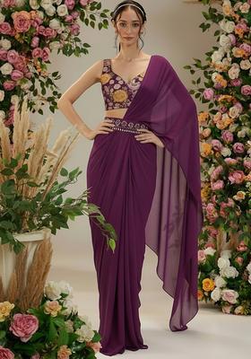 Wine Floral Print Crepe Pre Drapped Saree Set