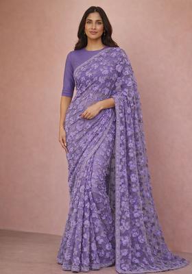 Lavender Embroidered Net Pre Drapped Saree Set