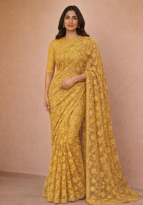 Yellow Embroidered Net Pre Drapped Saree Set