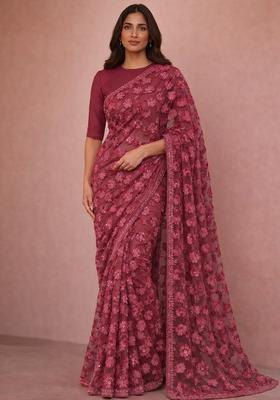 Rose Red Embroidered Net Pre Drapped Saree Set