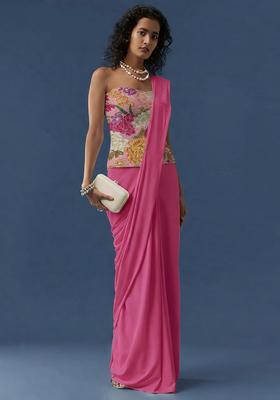 Pink Floral Print Crepe Pre Drapped Saree Set