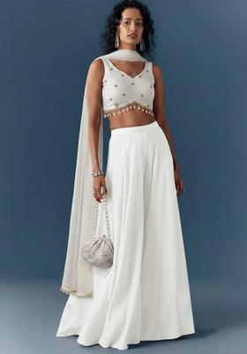 Off White Embroidery Crepe Fusion Set