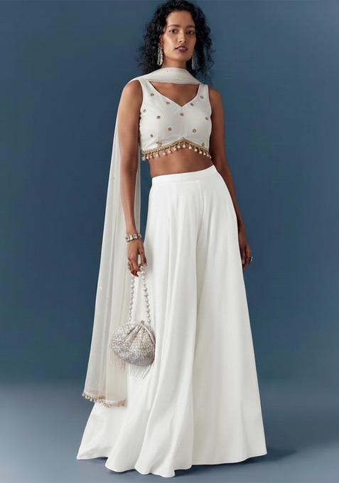 Off White Embroidery Crepe Fusion Set