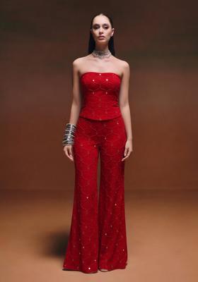 Red Embroidery Georgette Fusion Set