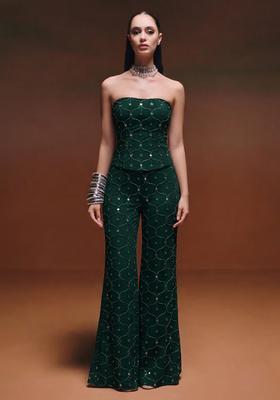 Dark Green Embroidery Georgette Fusion Set