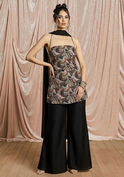 Classic Black Printed Crepe Sharara Set