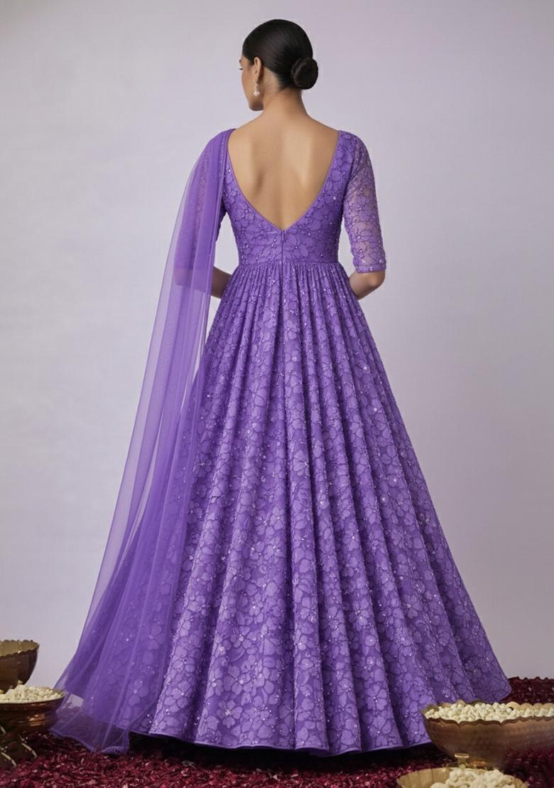 Lavender Purple Embroidery Net Anarkali Set - Indya