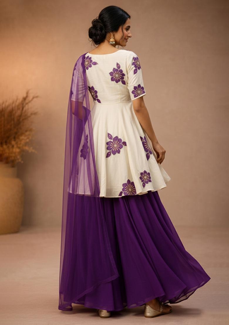 Purple Embroidery Viscose Crepe Sharara Set - Indya
