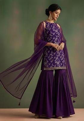 Purple Printed Crepe Sharara Set