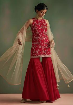Red Printed Crepe Sharara Set