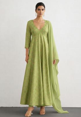 Green Printed Brocade Anarkali Set