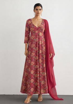 Red Printed Silk Blend Anarkali Set