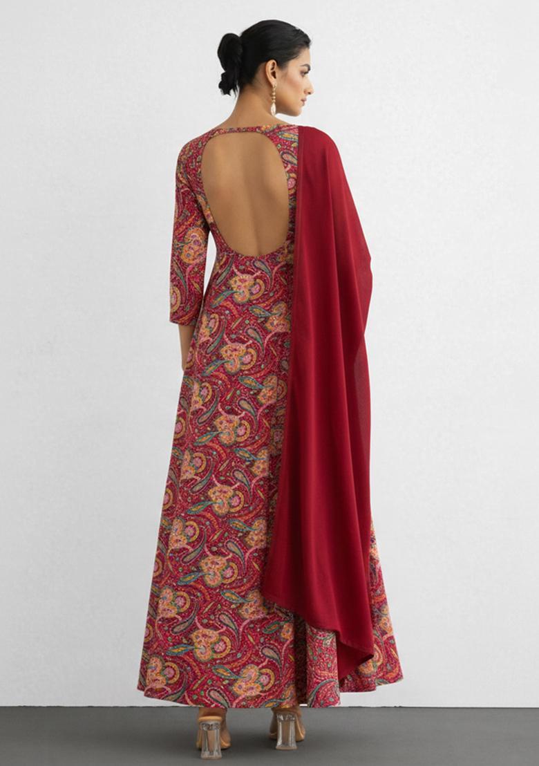 Red Printed Silk Blend Anarkali Set - Indya
