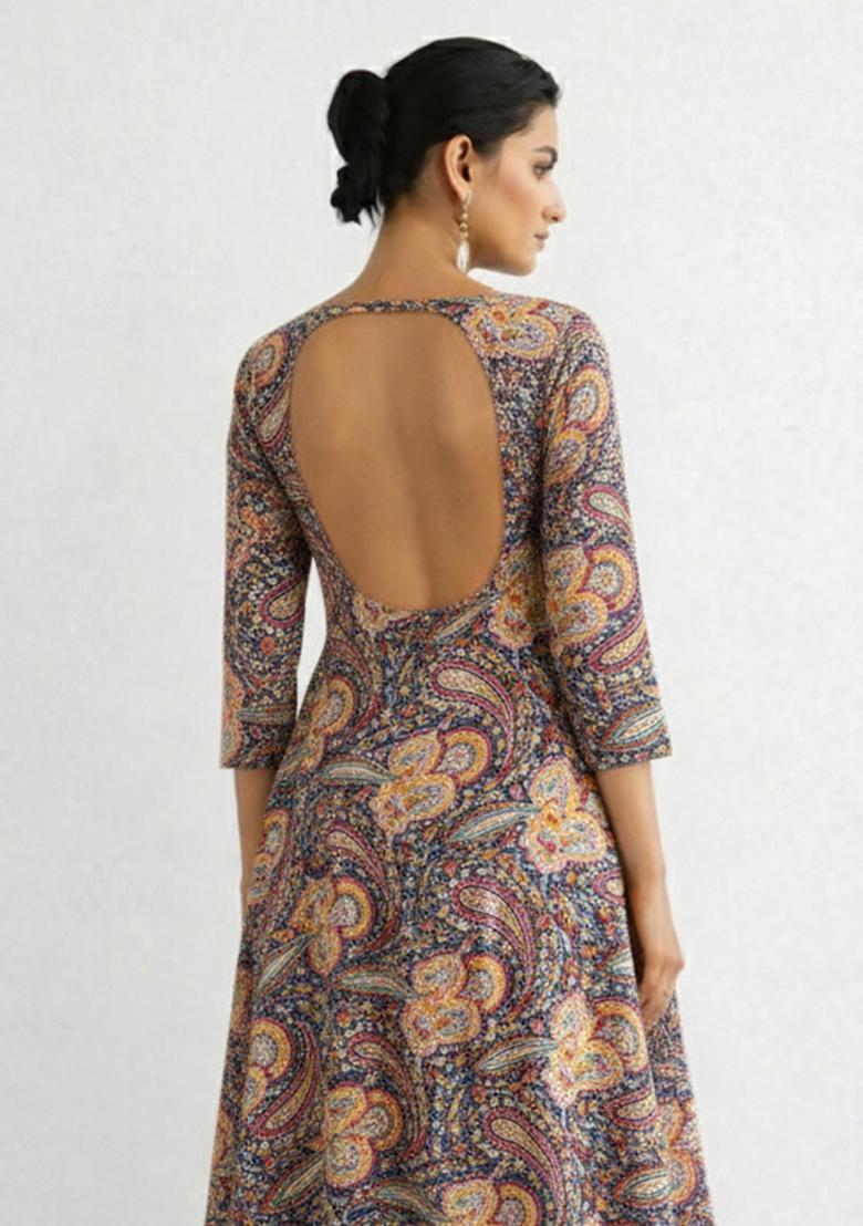 Navy Blue Printed Silk Blend Anarkali Set - Indya