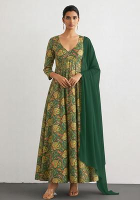 Green Printed Silk Blend Anarkali Set