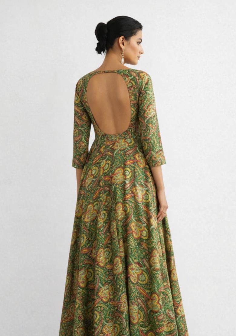 Green Printed Silk Blend Anarkali Set - Indya