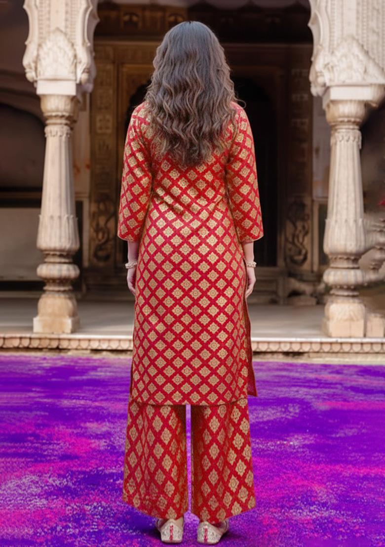 Deep Red Zari Work Brocade Pakistani Suit Set - Indya