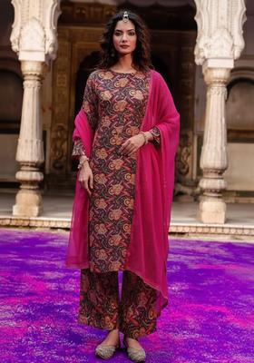 Maroon Printed Silk Blend Straight Kurta Set
