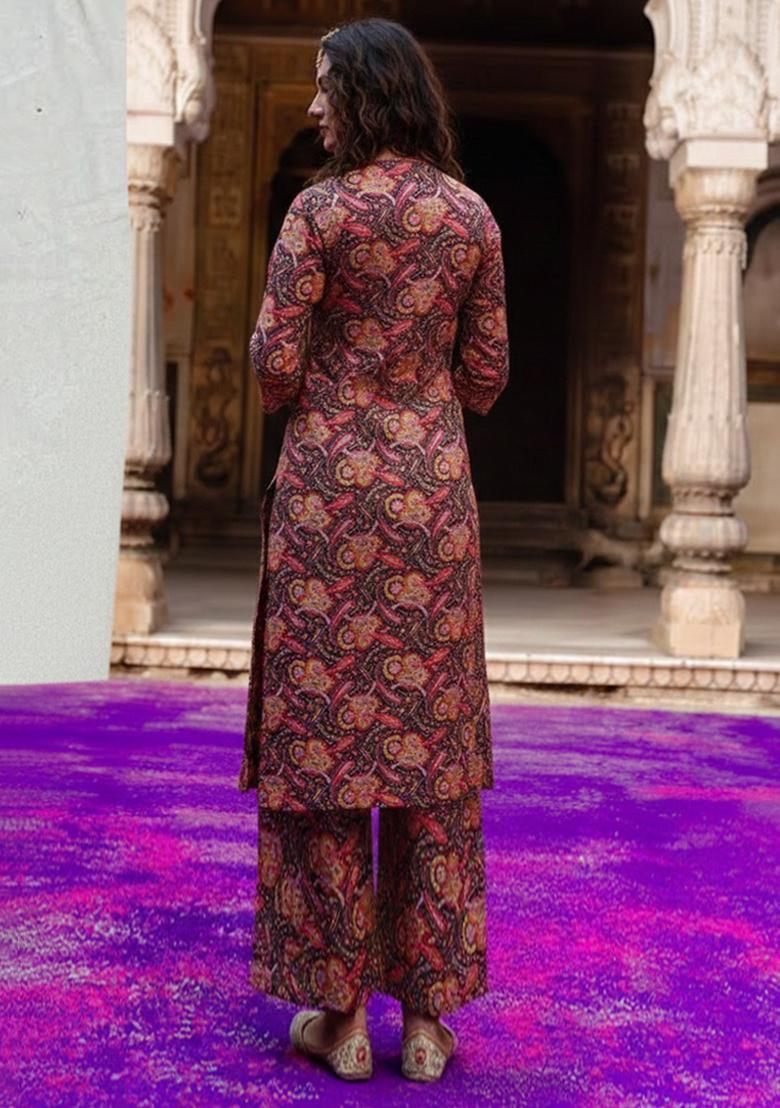 Maroon Printed Silk Blend Straight Kurta Set - Indya