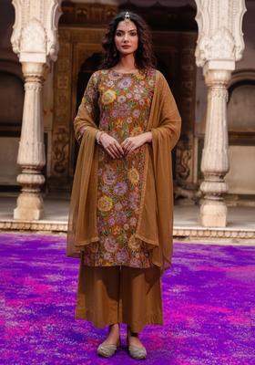 Brown Embroidered Crepe Straight Kurta Set