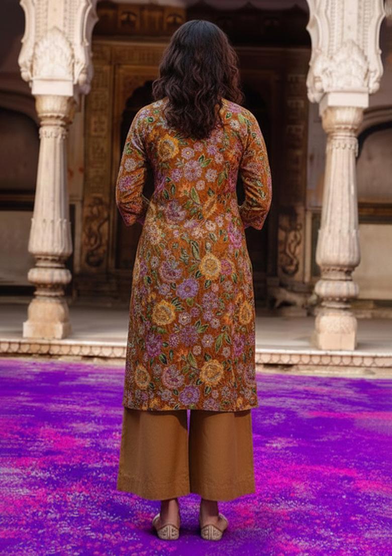 Brown Embroidered Crepe Straight Kurta Set - Indya