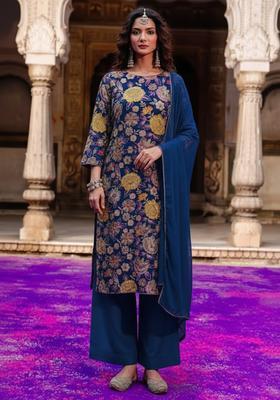 Blue Embroidered Crepe Straight Kurta Set