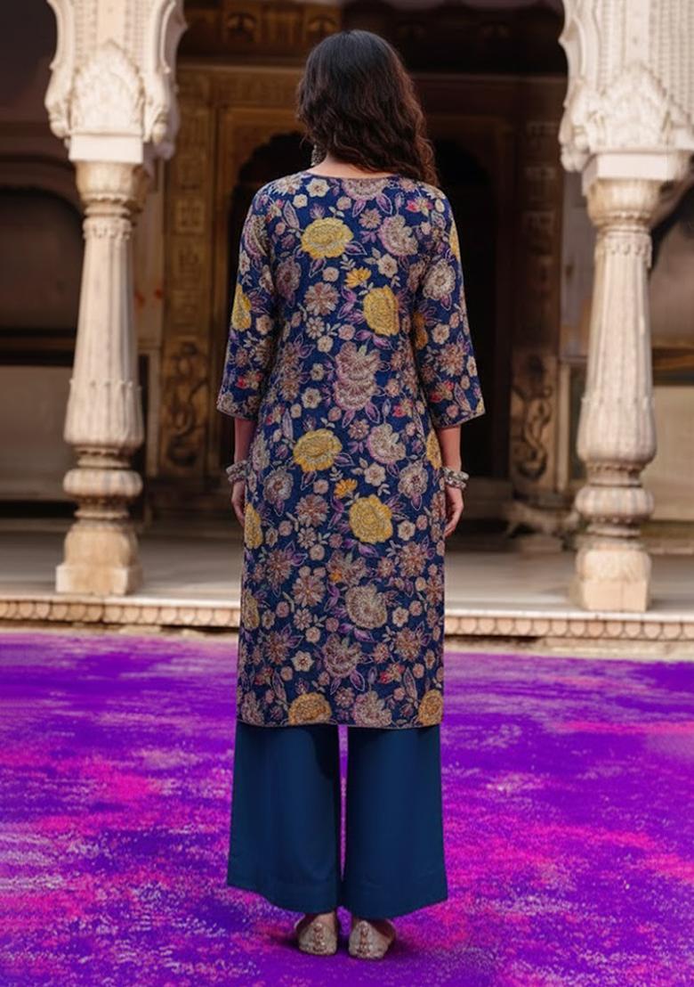 Blue Embroidered Crepe Straight Kurta Set - Indya