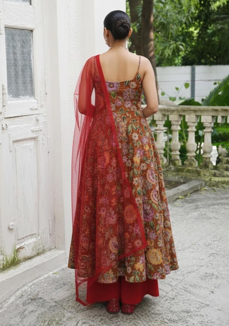 Brown Embroidered Crepe Anarkali Set - Indya