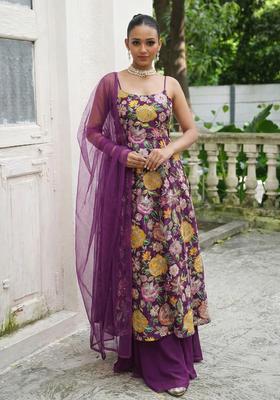 Purple Floral Print Crepe Sharara Set