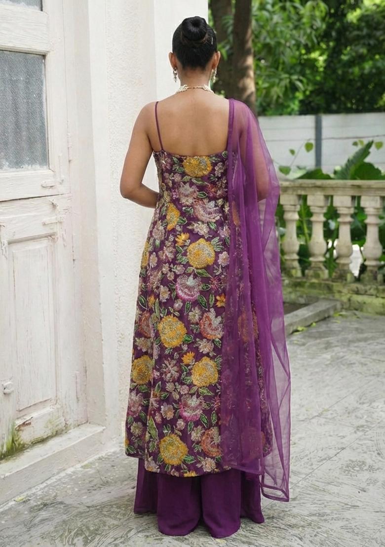 Purple Floral Print Crepe Sharara Set - Indya