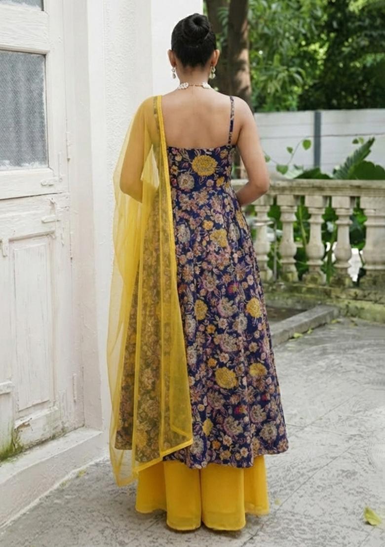 Navy Blue Floral Print Crepe Sharara Set - Indya