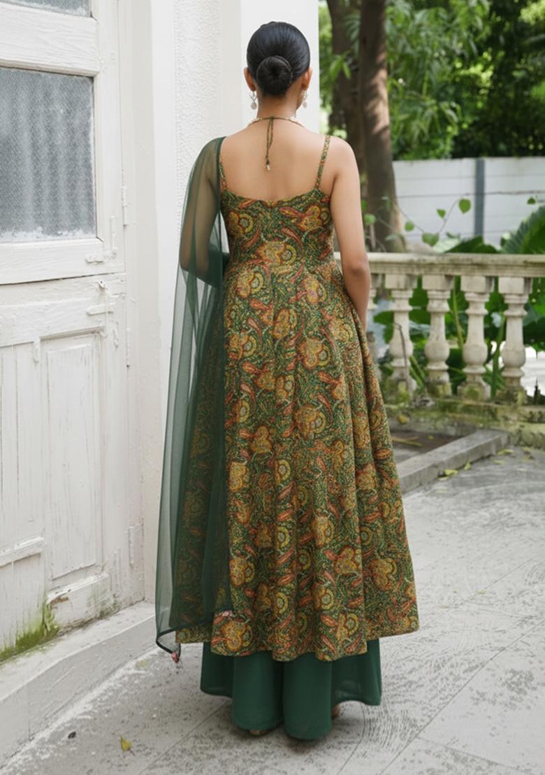 Green Printed Silk Blend Anarkali Set - Indya