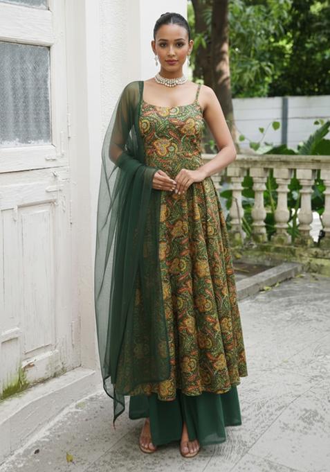 Green Printed Silk Blend Anarkali Set