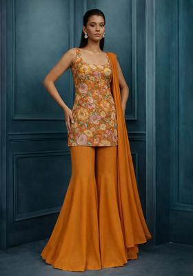 Orange Printed Crepe Sharara Set