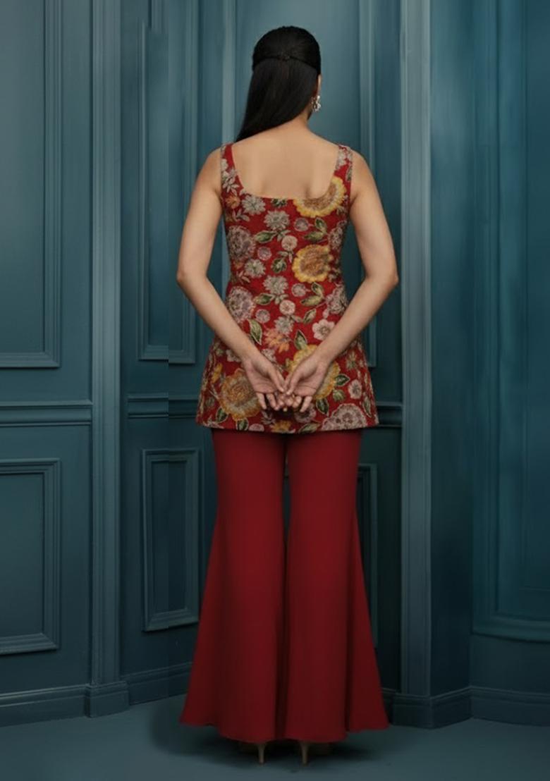 Red Printed Crepe Sharara Set - Indya
