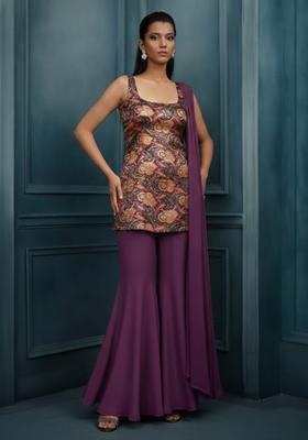 Purple Printed Silk Blend Sharara Set
