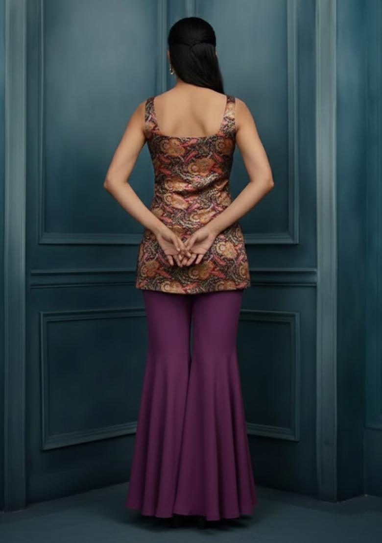 Purple Printed Silk Blend Sharara Set - Indya