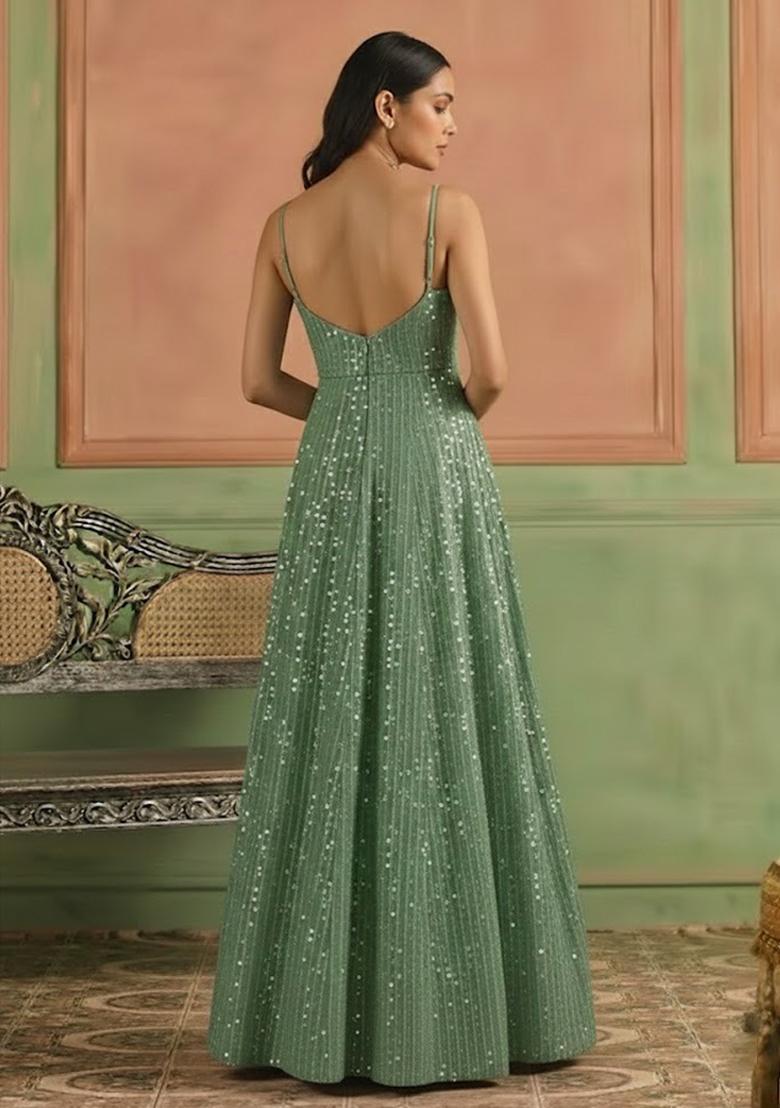 Mint Green Sequin Embroidery Net Anarkali Set - Indya