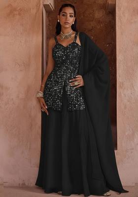 Black Sequin Embroidery Net Sharara Set