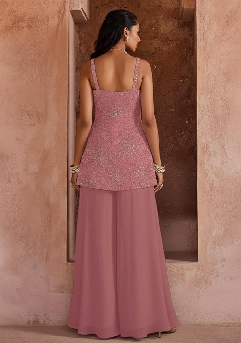 Pink Embroidery Chinon Sharara Set - Indya