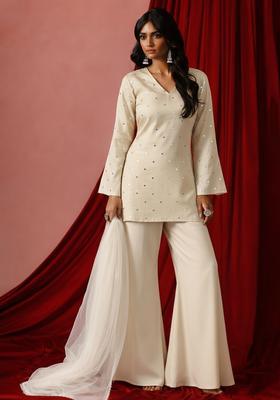 Off White Mirror Work Silk Blend Sharara Set