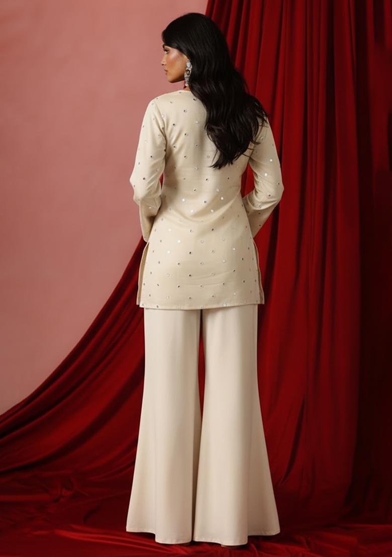 Off White Mirror Work Silk Blend Sharara Set - Indya