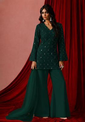 Green Embroidered Georgette Sharara Set