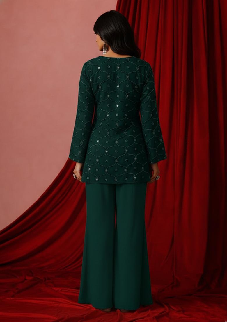 Green Embroidered Georgette Sharara Set - Indya