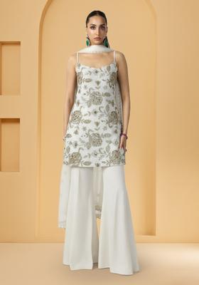 White Embroidery Crepe Sharara Set